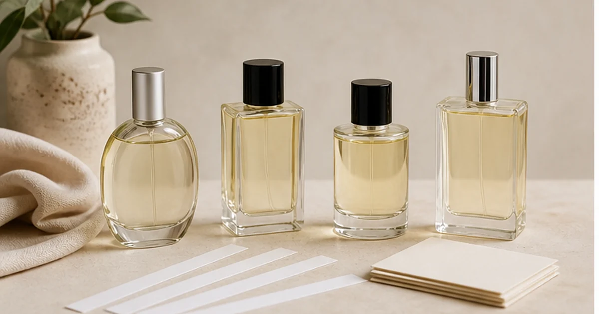 Frascos de perfume y tiras de prueba sobre una mesa de tonos naturales