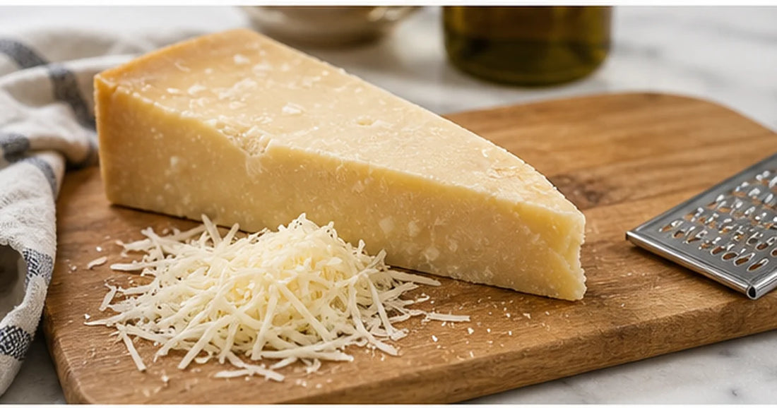 Cuña de queso duro rallado sobre tabla de cocina