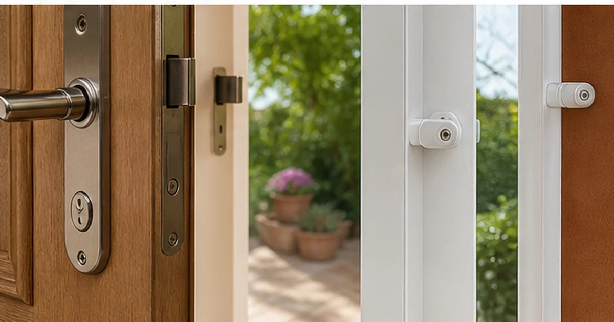 Puerta y ventana reforzadas con iluminación cálida en entrada de vivienda