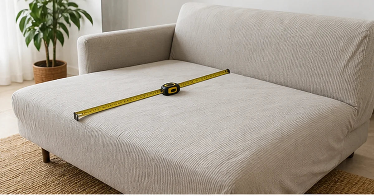 Sofá chaise longue claro con funda ajustada en salón