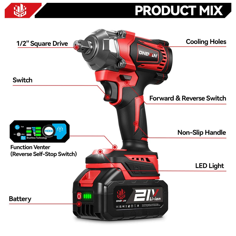 Llave de impacto ONEVAN 1200Nm 1/2 con 1 bateria 1Battery 1EU Plug 2413
