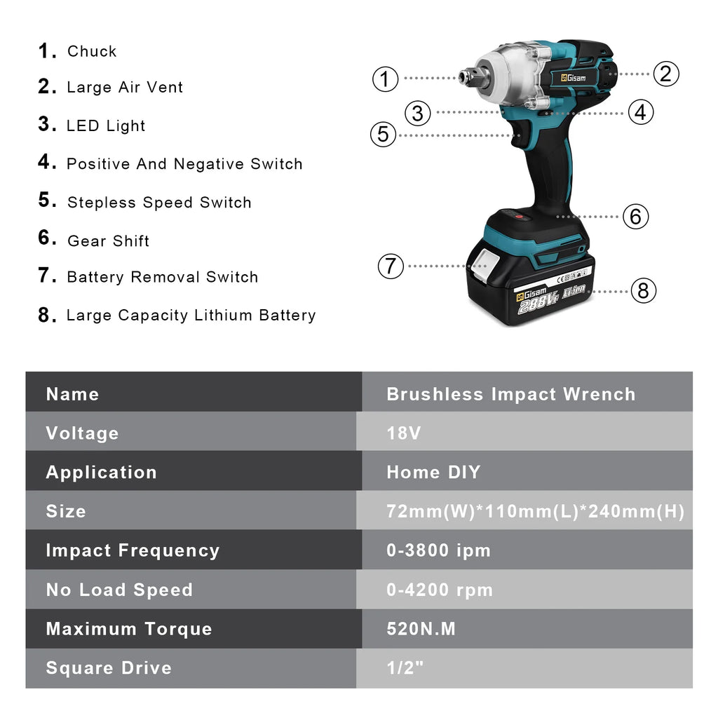 Llave de impacto 520Nm 1/2 con 1 bateria