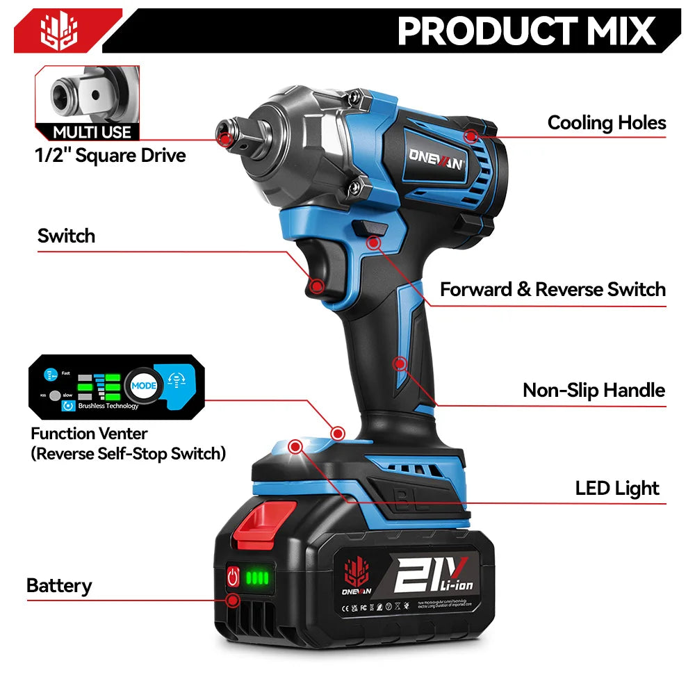 Llave de impacto ONEVAN 1200Nm 1/2 con 1 bateria 1Battery 1EU Plug 8740