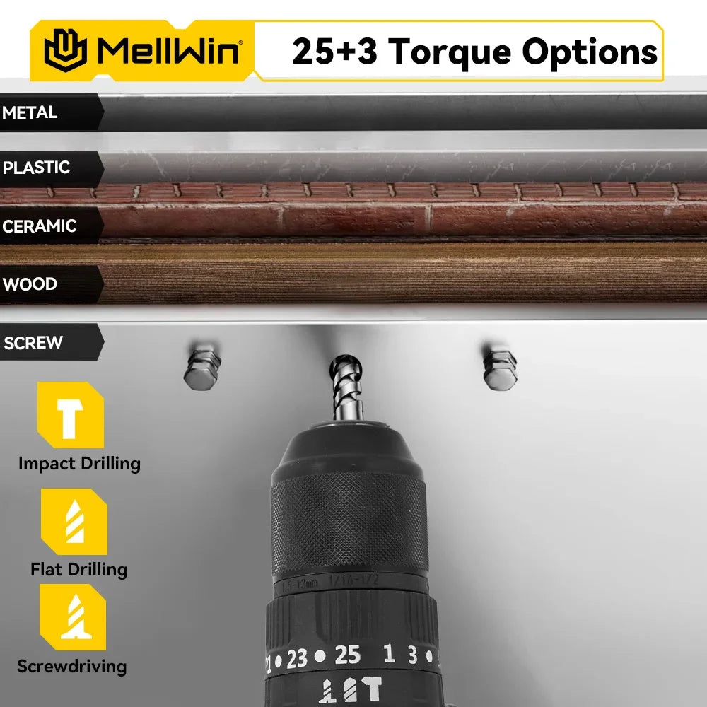 Taladro MELLWIN 18V 13mm con 2 baterias