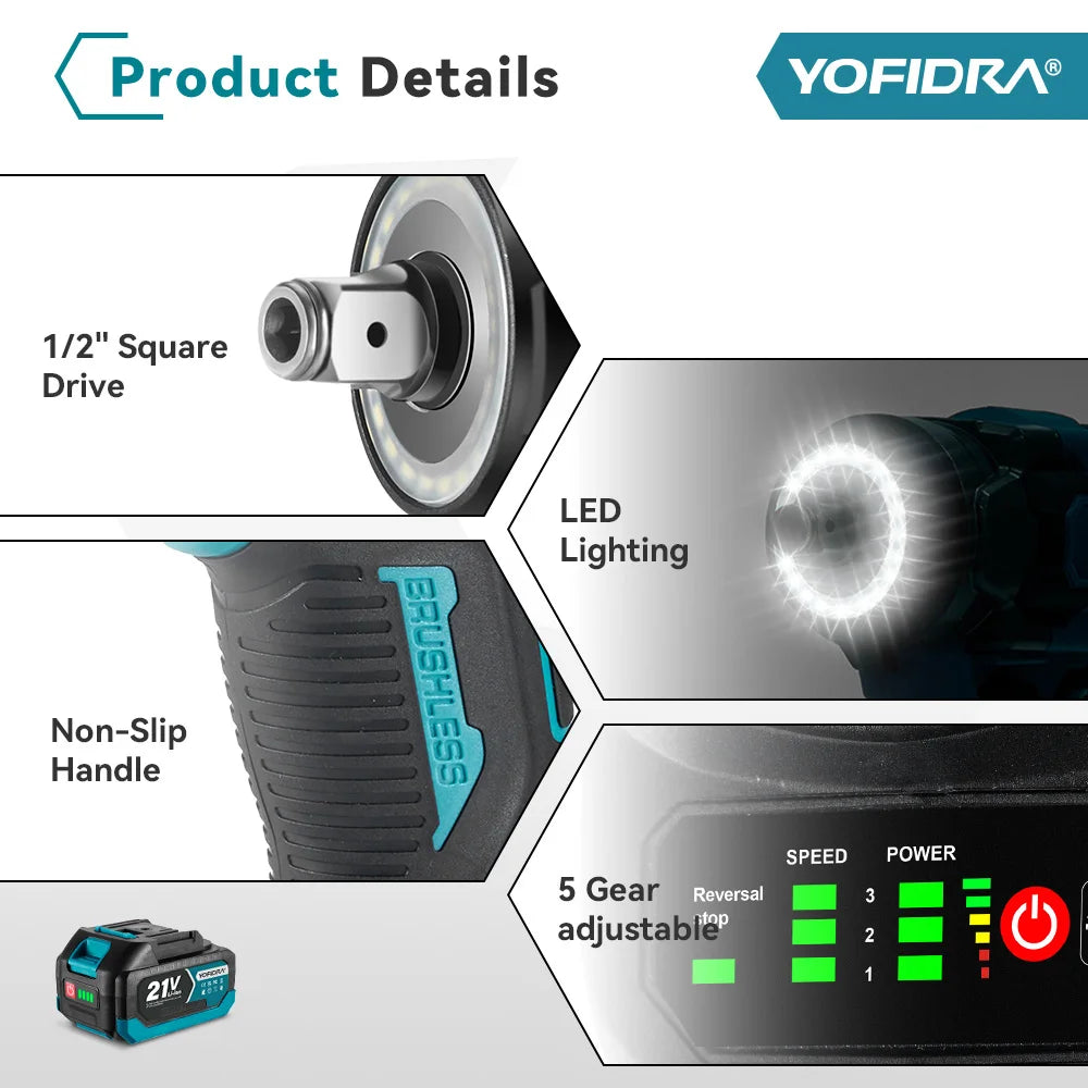 Llave de impacto YOFIDRA 1200Nm 1/2 con 1 bateria