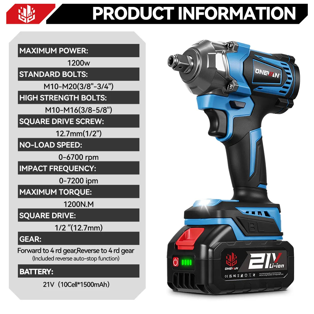 Llave de impacto ONEVAN 1200Nm 1/2 con 1 bateria 1Battery 1EU Plug 8740