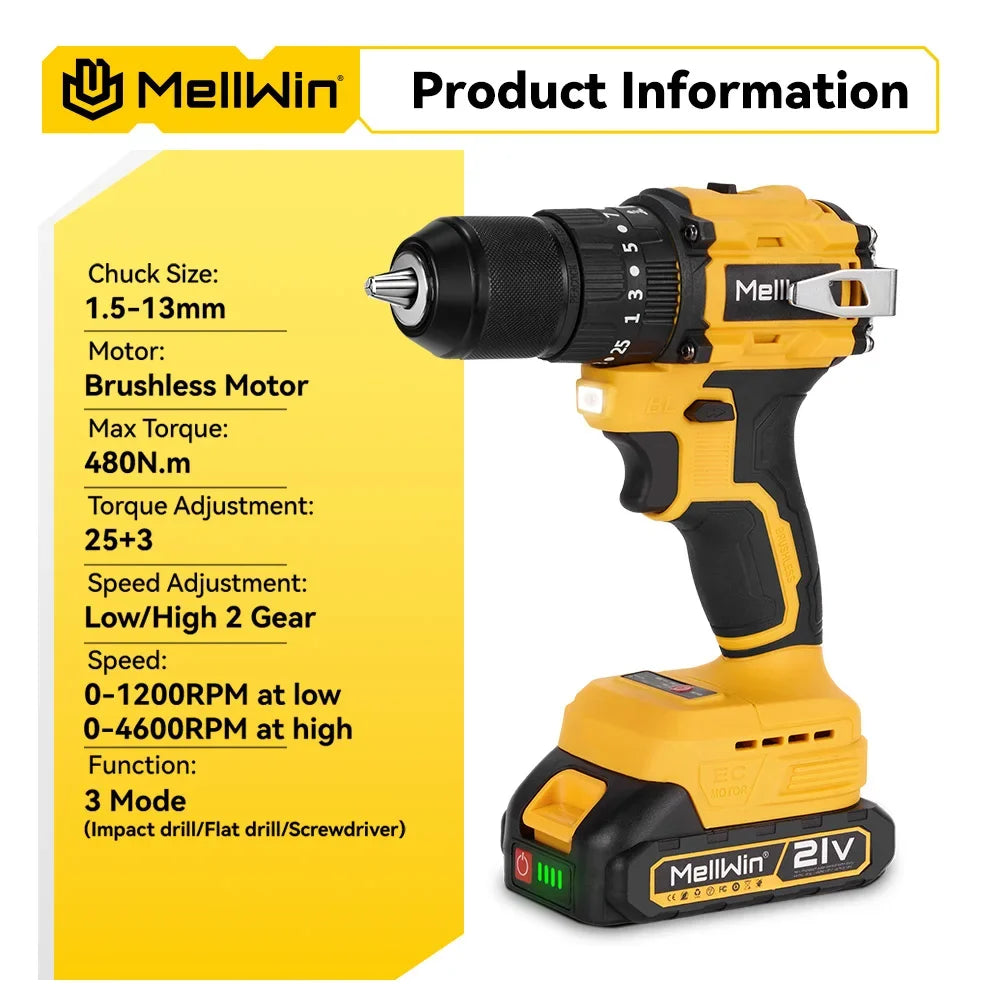 Taladro MELLWIN 18V 13mm con 2 baterias