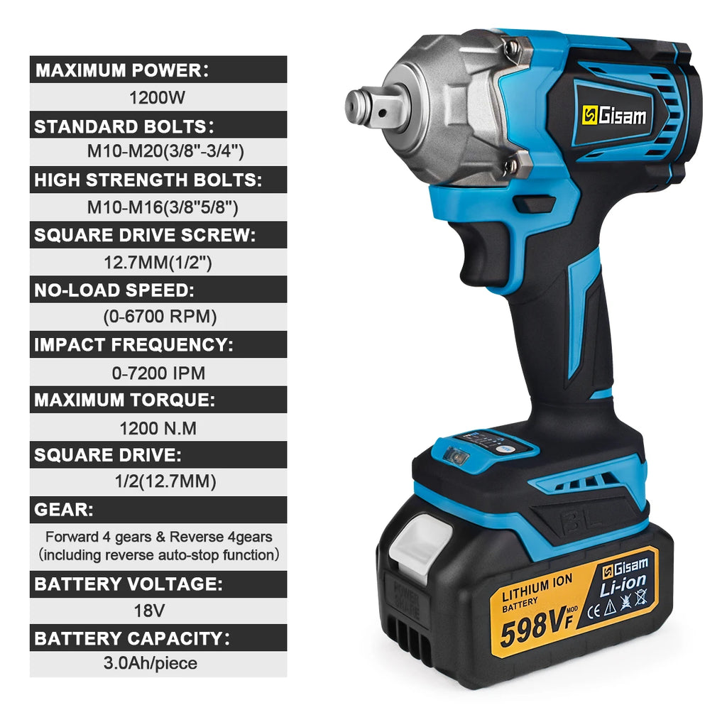 Llave de impacto Gismis 1200Nm 1/2 con 1 bateria 1 Battery 2943