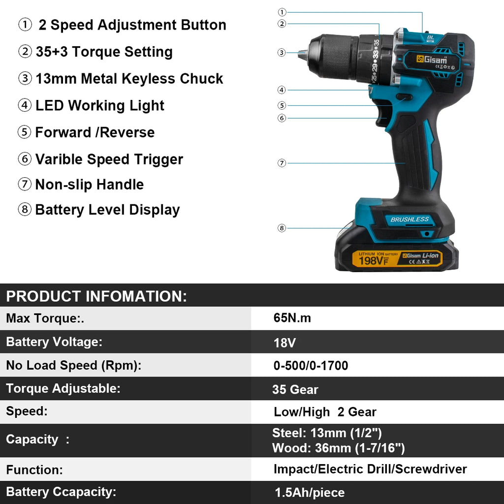 Taladro percutor 18V 13mm con 1 bateria 1 Battery 3706