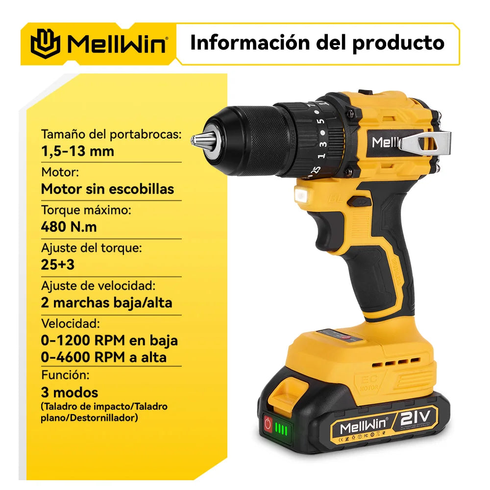Taladro MELLWIN percutor 18V 13mm con 2 baterias