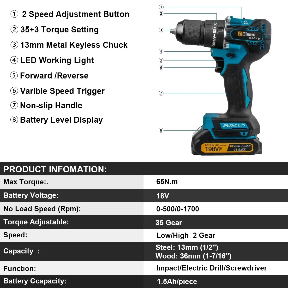 Taladro percutor 18V 13mm con 1 bateria 1 Battery 9535