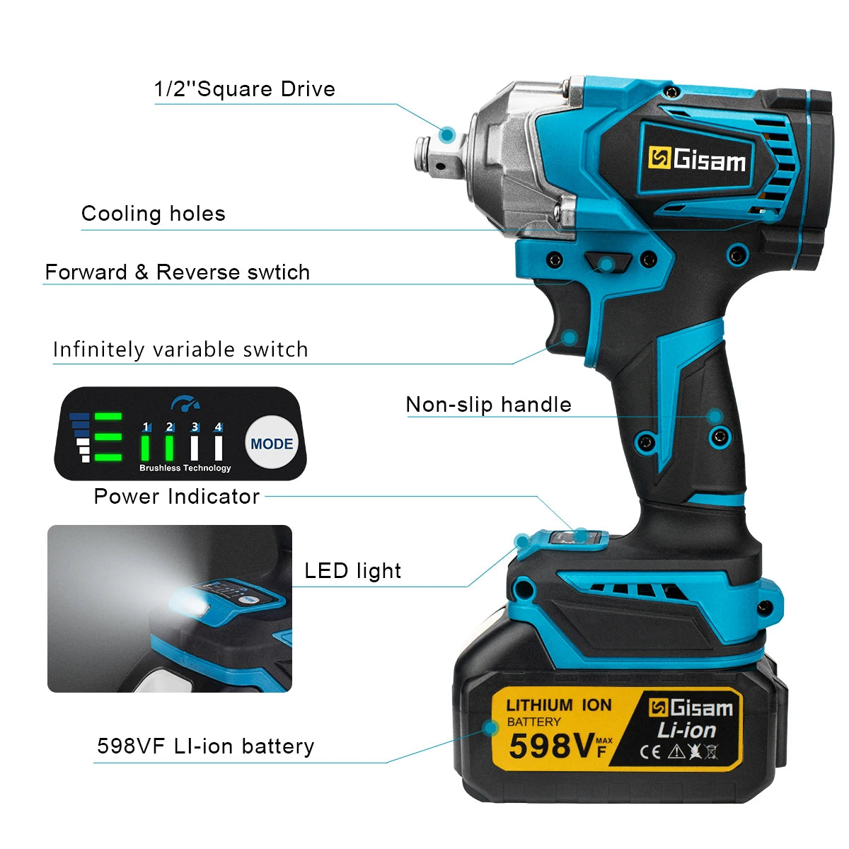 Llave de impacto Gismis 1200Nm 1/2 con 1 bateria 1 Battery 2943