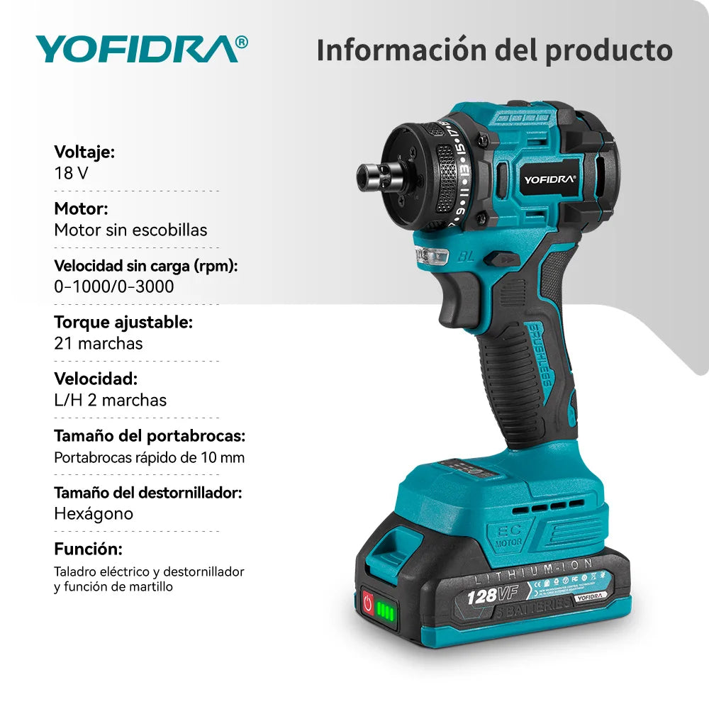 Taladro YOFIDRA percutor 18V 10mm con 2 baterias